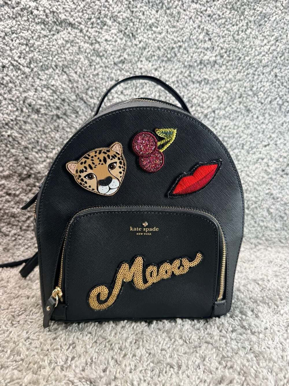 Kate Spade New York Black Saffiano Leather Meow Patch Mini Backpack